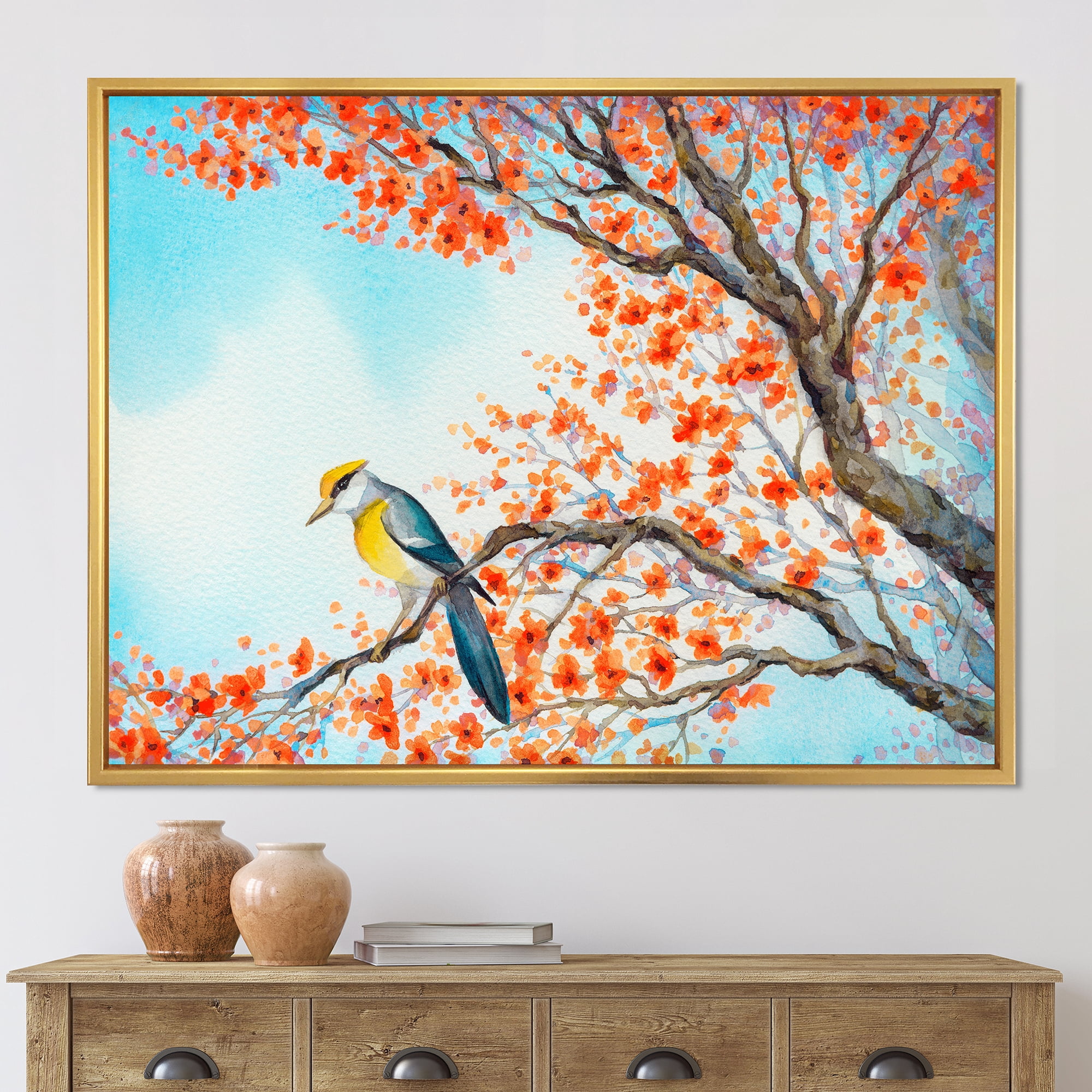 Designart 'Beautiful Orange Bird Sitting On Flowering Branch' Traditional Framed Canvas Wall Art Print