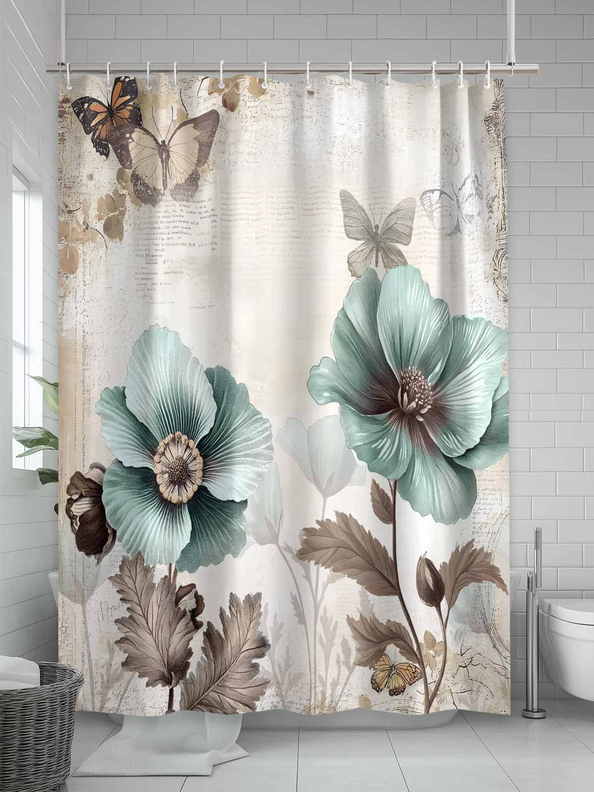 Teal Brown Spring Floral Long Shower Curtain Set, Waterproof Shower Curtains for Bathroom, Vintage Flowers Elegant Botanical Washable Fabric Cloth Bath Curtain for Bathtub with Hooks 72x84 Inches