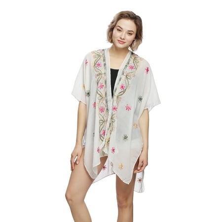Womens Flowy Floral Flower Pattern Embroidery Ruana Outerwear Top for Spring Summer Fall