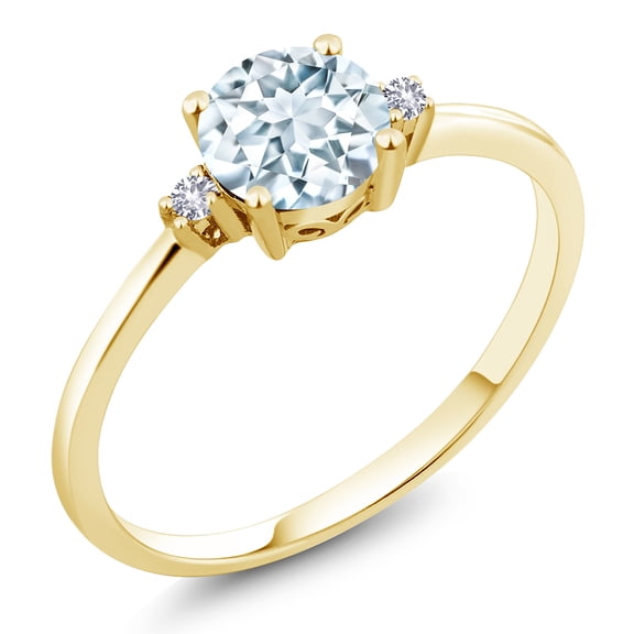 10K Yellow Gold Sky Blue Aquamarine and White Created Sapphire 3-Stone Engagement Ring for Women | 0.78 Cttw | Round 6MM | Wedding Engagement Anniversary Promise Ring for Women | Size 9