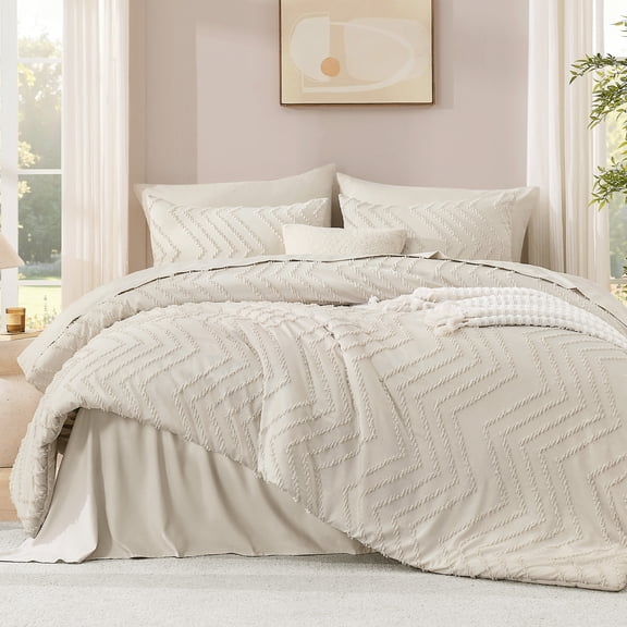 ANGENIA King Size Comforter Sets Beige - 7 Pieces Bed in a Bag King Bohemian Cream Soft Fluffy Chevron Elegant Tufted All Season Bed Sets with Comforter, Sheets, Pillowcases & Shams