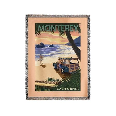 Monterey Hanging Lantern - Monterey, California - Woody on Beach - Lantern Press Poster (60x80 Woven Chenille Yarn Blanket)