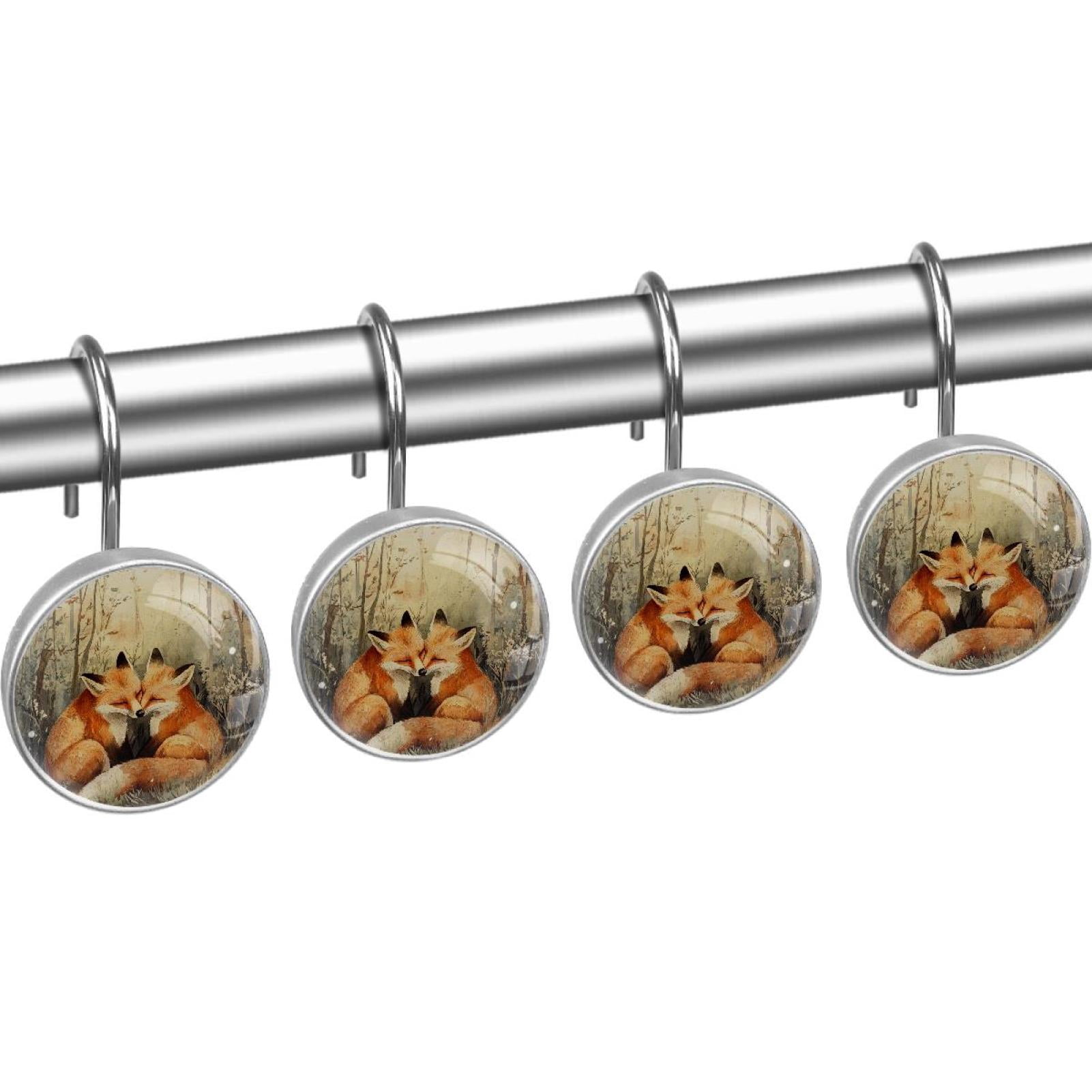 Autumn Forest Foxes Shower Curtain Hooks Round Crystal Glass, Set of 12 Shower Curtain Rings - Shower Hooks for Curtain Shower Rings