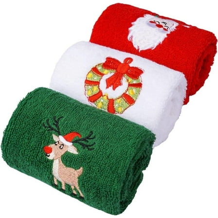 3pcs Embroidered Merry Christmas Towels,100% Cotton Multi-Purpose Hand & Dish Towels for Kitchen & Bath