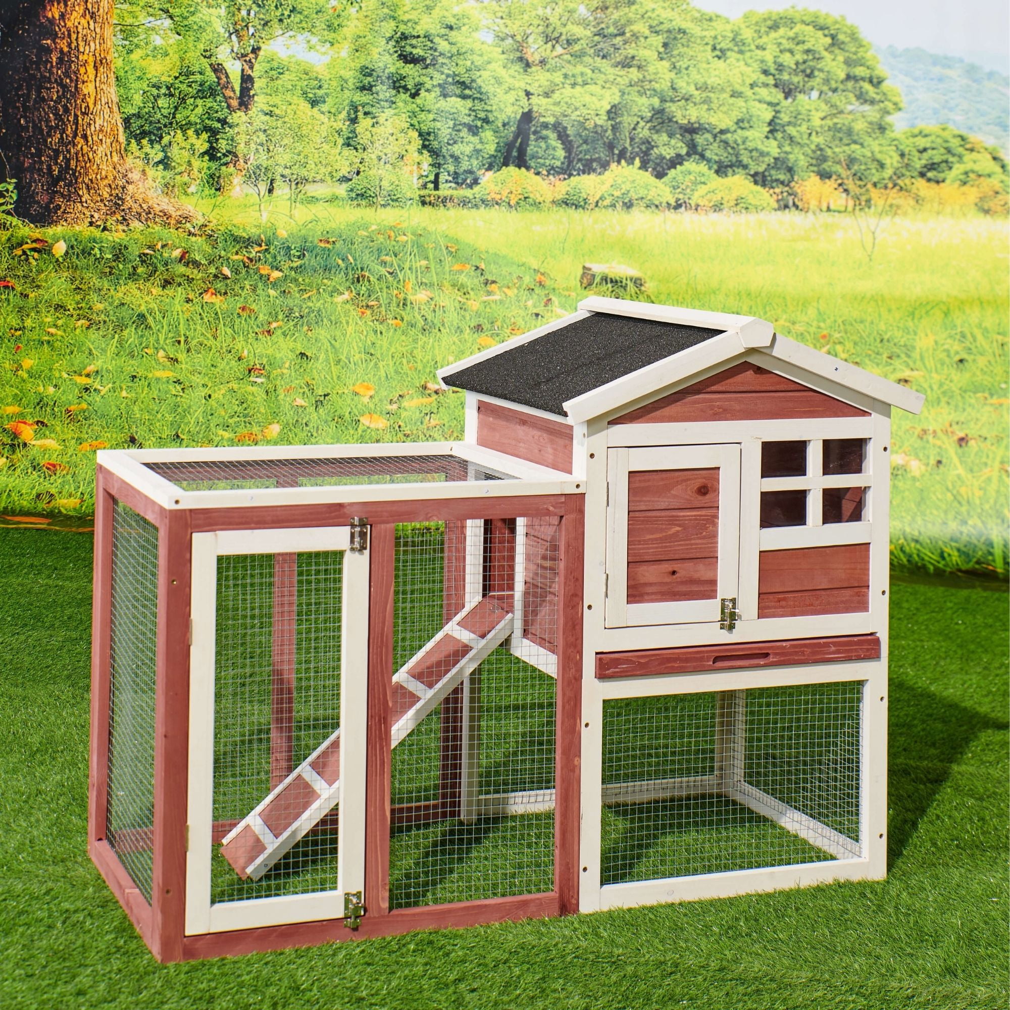 Private Jungle Indoor Outdoor Wood-metal Rabbit Hutch with Run Space, Bunny Run Cage Pet House for Small Animals, 48" X 24.6" X 36.22", Auburn & White Private Jungle Indoor Outdoor Wood-metal Rabbit Hutch with Run Space, Bunny Run Cage Pet House for Small Animals, 48" X 24.6" X 36.22", Auburn & White