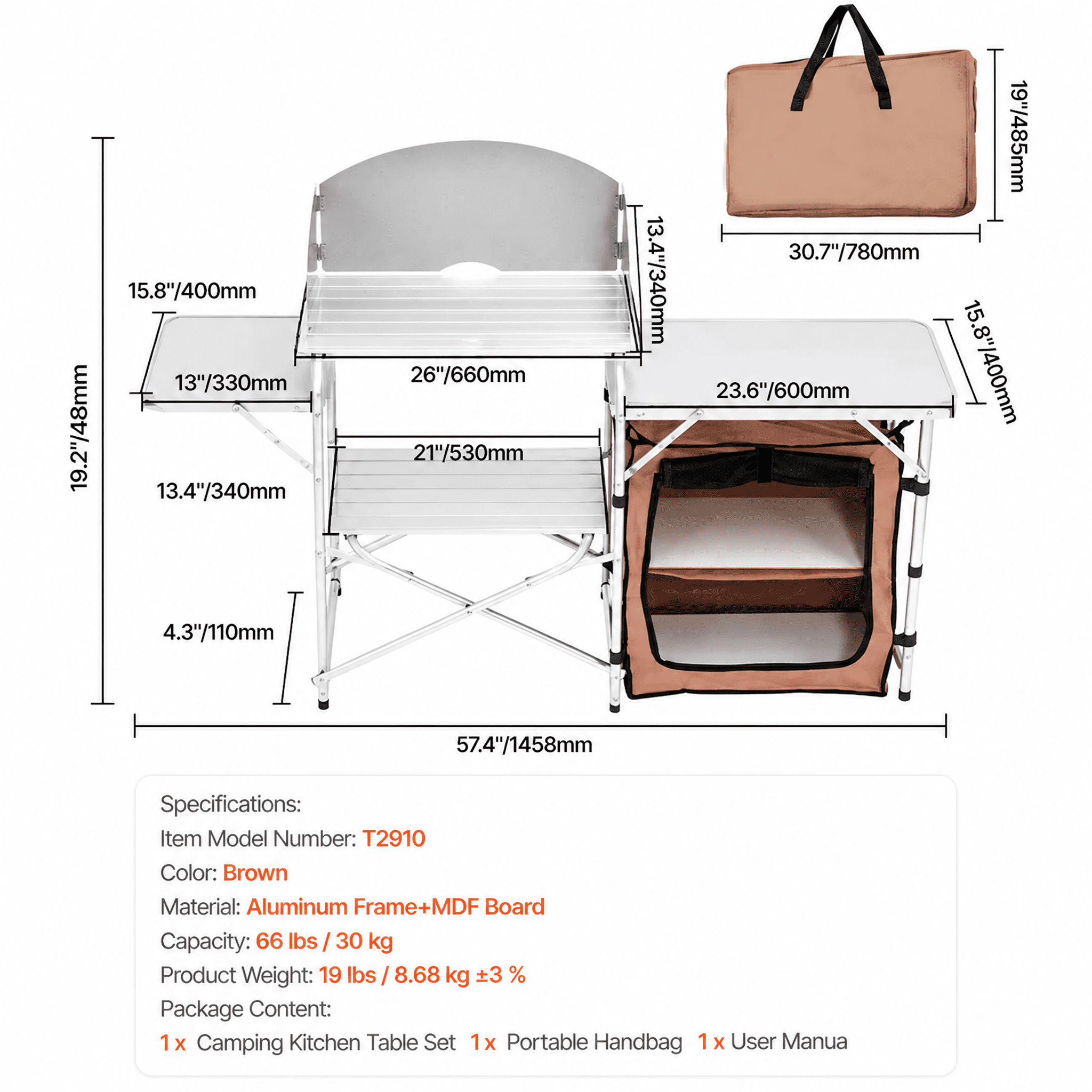 Foldable Camping Kitchen Table with Carry Bag, Roll-Up Aluminum Cook Station with Windscreen 2 Side Tables 2-Tier Storage Organizer for Picnic BBQ Outdoor Camping