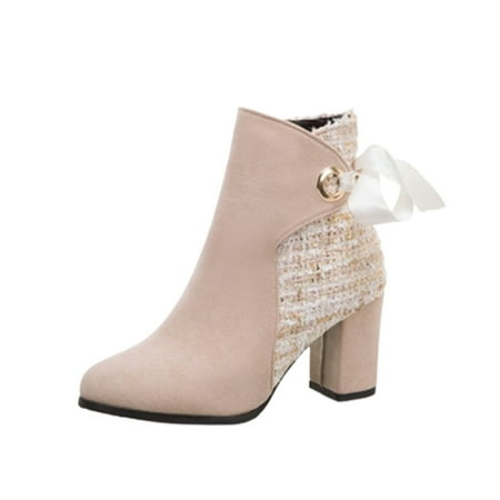 

Fesfesfes Fall Boots Women Solid Splicing Bandage Retro High Heel Round Boots Shoes US:7.5(40)