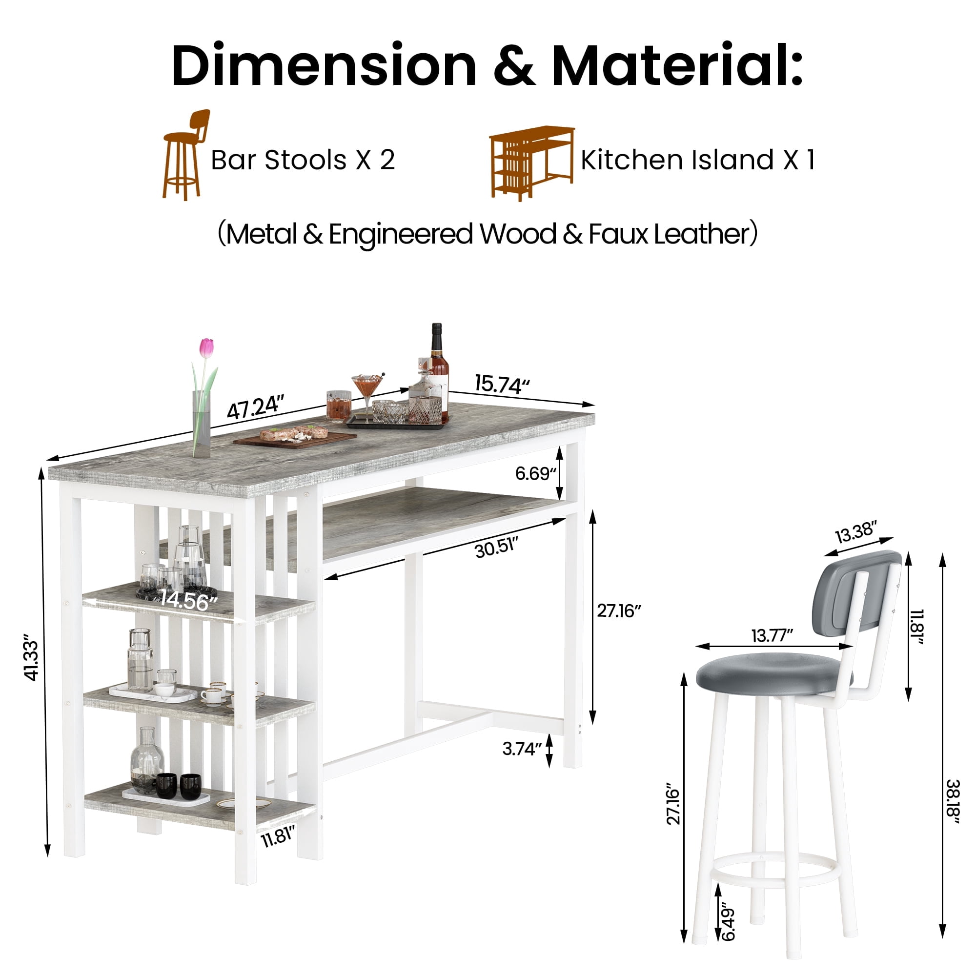 BAXLUXE Kitchen Table and Chairs, Bar Dining Table Set for 2,Dining Table with Chairs,Small Kitchen Bar Table Faux Marble Bar Table with Storage