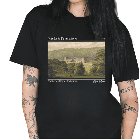 Black Pride & Prejudice Jane Austen Pemberley House Derbyshire 1831 Classic Literature Book Lover Gift Vintage Estate Graphic T-Shirt Tops S-5XL