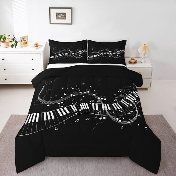 jejeloiu Music Theme Bedding Comforter Set,Musical Instrument Piano Twin Comforter Sets,White Black Bedding Set For Girls,Ultra Soft Home Decor Reversible,2-Piece