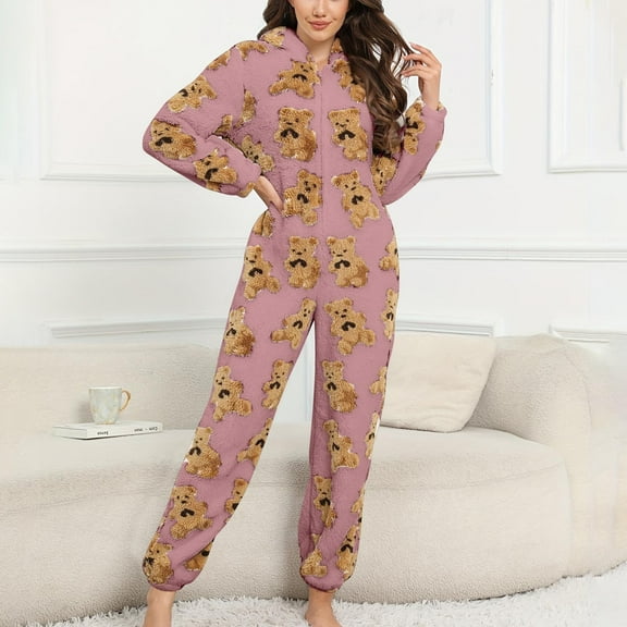 UQJfacai Womens Fleece Onesies Pajamas Jumpsuit Bear Print Warm Sherpa Romper Sleepwear One Piece Zipper Hooded Playsuit Loungewear
