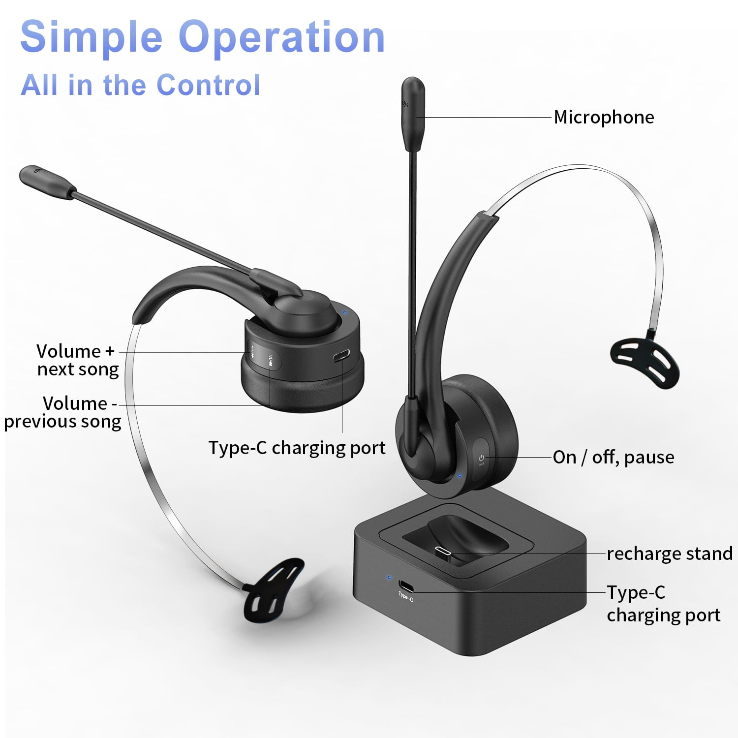 ABCPOW Trucker V5.4 Bluetooth Headset with Microphone,Noise Cancelling,Mute Button&Charging Base,Wireless On-Ear Headphones 30Hrs Playtime Wireless Headset for Office PC/Work/Cell Phone/Call Center