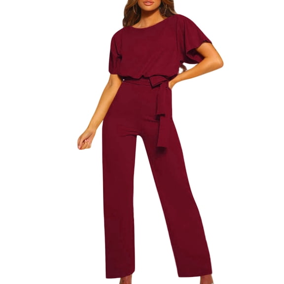 Shqvo Women Jumpsuits Dressy Fashion Casual Solid Color Short Sleeve Tops Wide Leg Pant One Piece Romper Waist Belted Business Palazzo Overalls