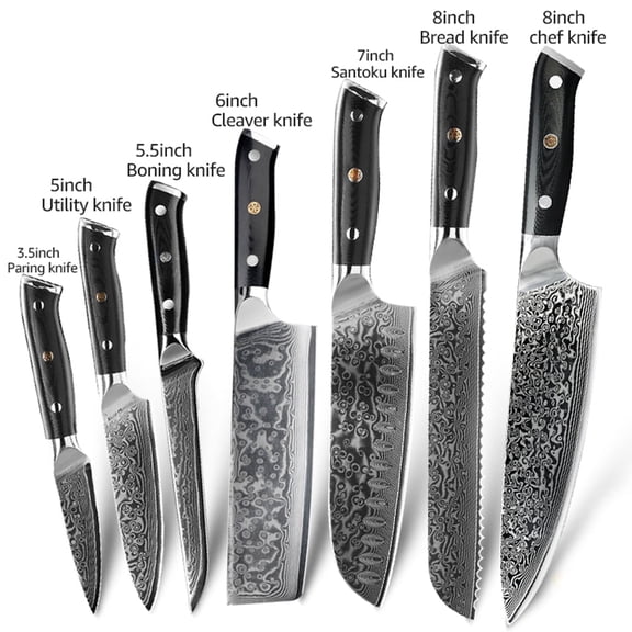 Damascus Chef Knife Japanese Statoku Kitchen Knife Set 7-Piece Chopping Cutting Knife with Triple Rivet Handle