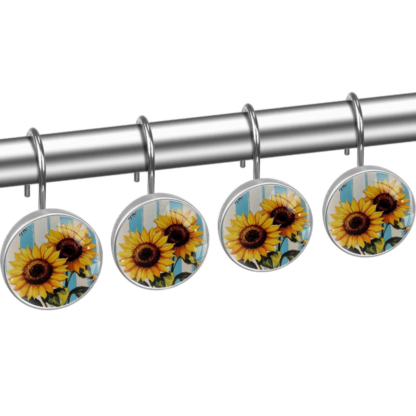 Sunflower Bees on Blue White Stripes Shower Curtain Hooks Round Crystal Glass, Set of 12 Shower Curtain Rings - Shower Hooks for Curtain Shower Rings