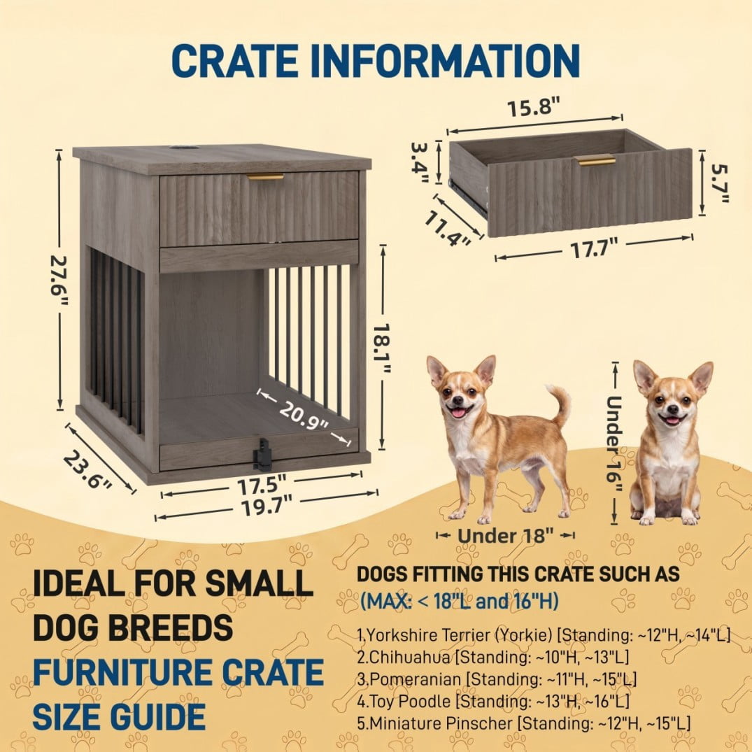 Dog Crate Furniture End Table with Charging Station, Wooden Kennel with Hideaway Tempered Glass Door, Storage Drawer, Indoor Pet House for Small & Medium Dogs, Antique Grey