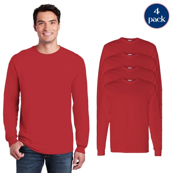 Gildan Unisex Heavy Cotton Long Sleeve T-Shirt, Rib Collar Taped Neck Red Tee, 4 Pack, S