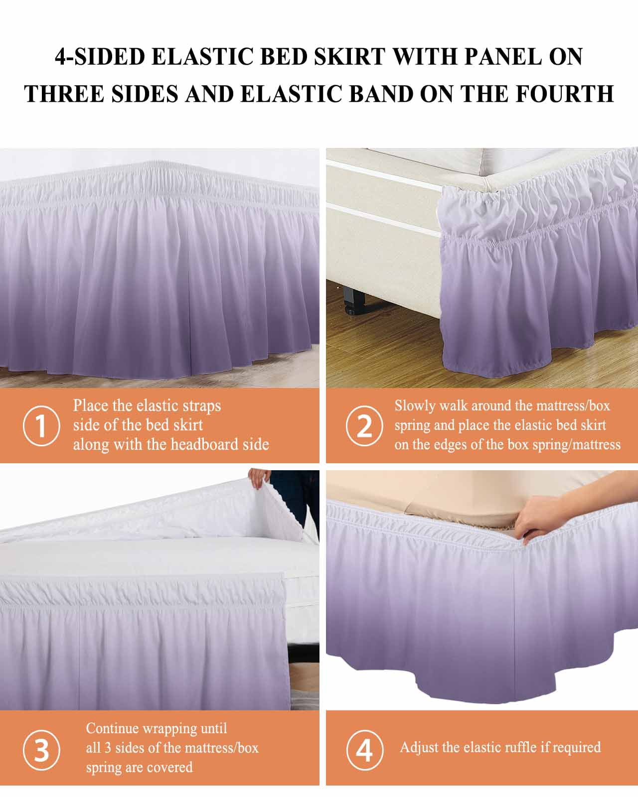 Purple Gradient Bed Skirt Queen Size 16" Drop Ruffled Wrap Around Bed Skirts Adjustable Elastic Bedskirt Dust Ruffle for Queen Size Bed
