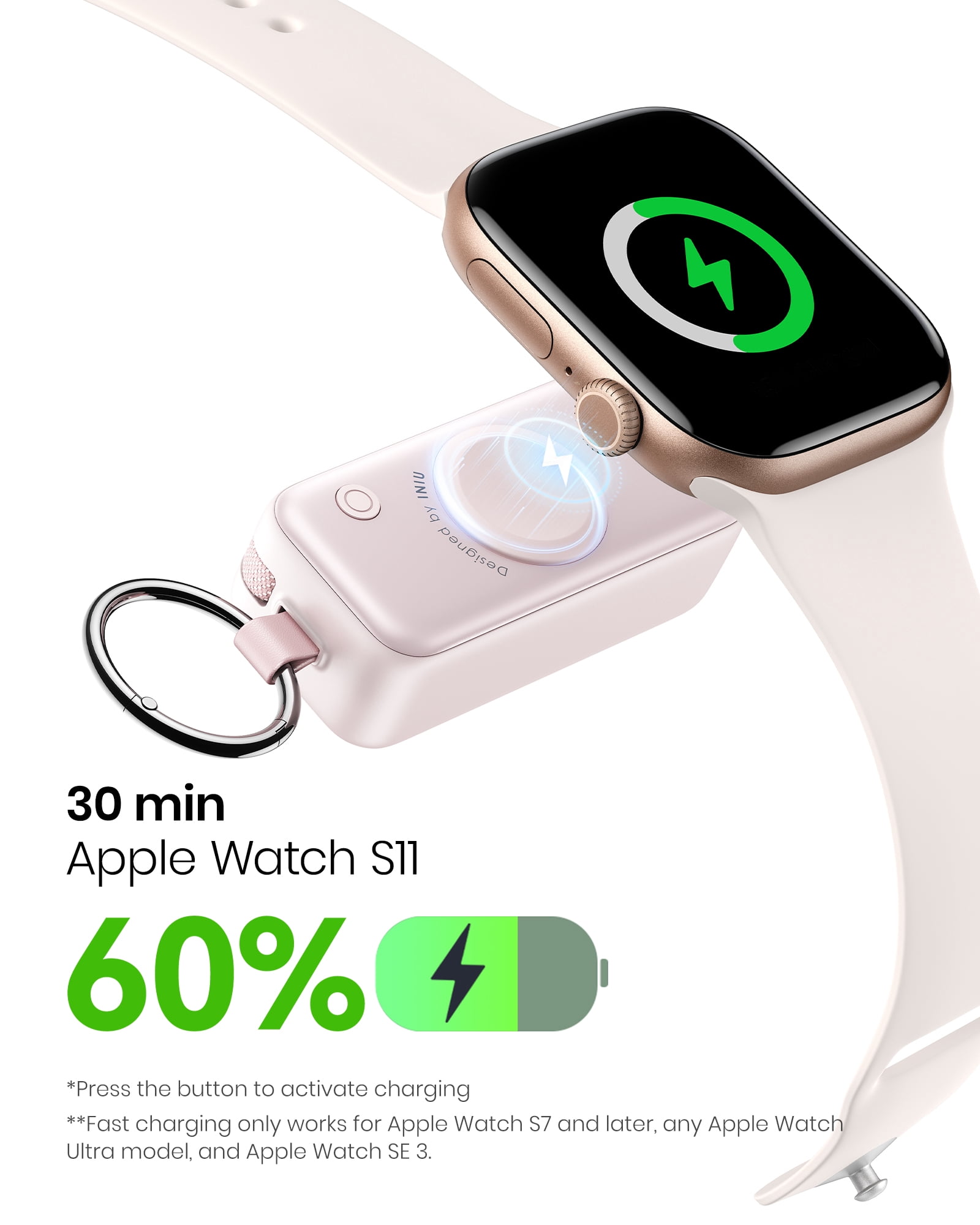 INIU 3-in-1 Portable Charger, Small 5000mAh Wireless Power Bank with Built-in Cable for Apple Watch 10/9/8/Ultra2/Ultra/SE, iPhone 17/16 etc, Pink