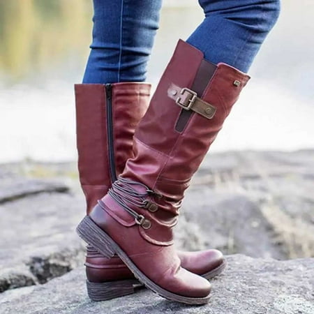 

PEONAVET Merry Christmas Women s Riding Combat Motorcycle Mid Calf Winter Boots Fashion Solid Bandage Boots Round Toe Booties Midheel Boots Shoes Christmas Gifts For Women