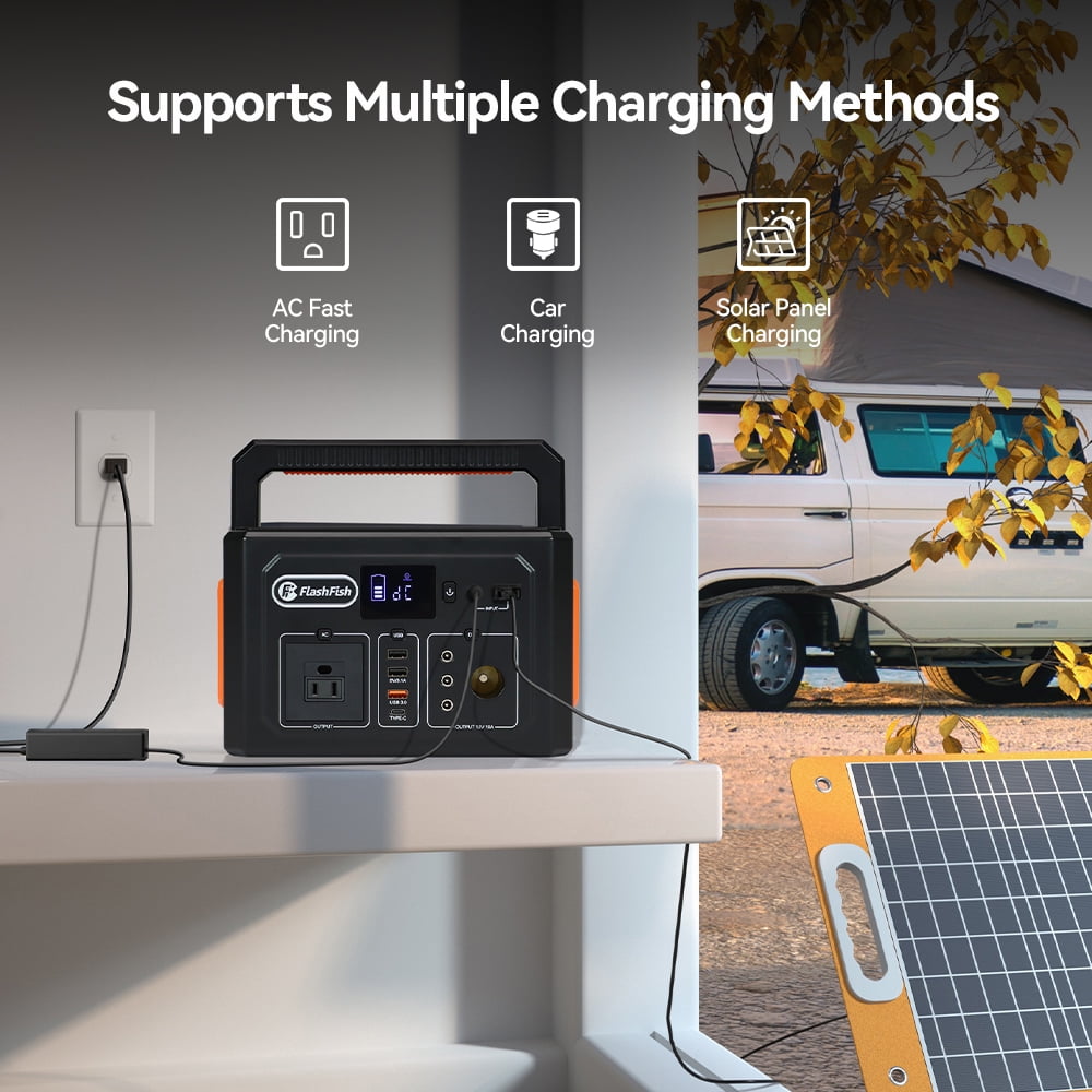 Flashfish Portable Power Station 400W with 100W Solar Panel, Solar Generator 800W Peak AC Output for Camping, Home Backup, Emergency, Outdoor