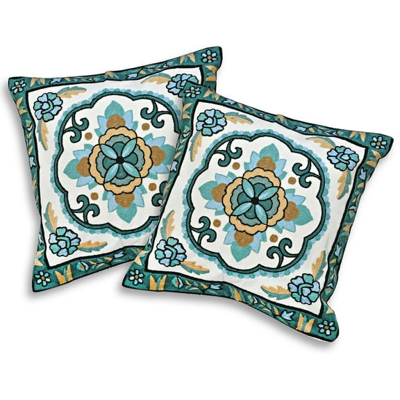 Classic Boho and Moroccan Art Blue Embroidery Pillow Cover Set of 2