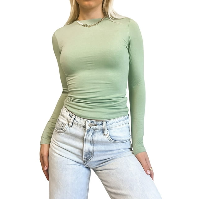 xiaxaixu T-shirt Femme Manches Longues Col Rond Double Couche Solide Slim Fit Automne Streetwear