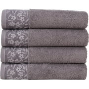 Decorative Bath Towels Set, 4 Pack - Turkish Towel Set with Floral Pattern, Highly Absorbent & Fade Resistant Fabric, 100% Cotton - Gray