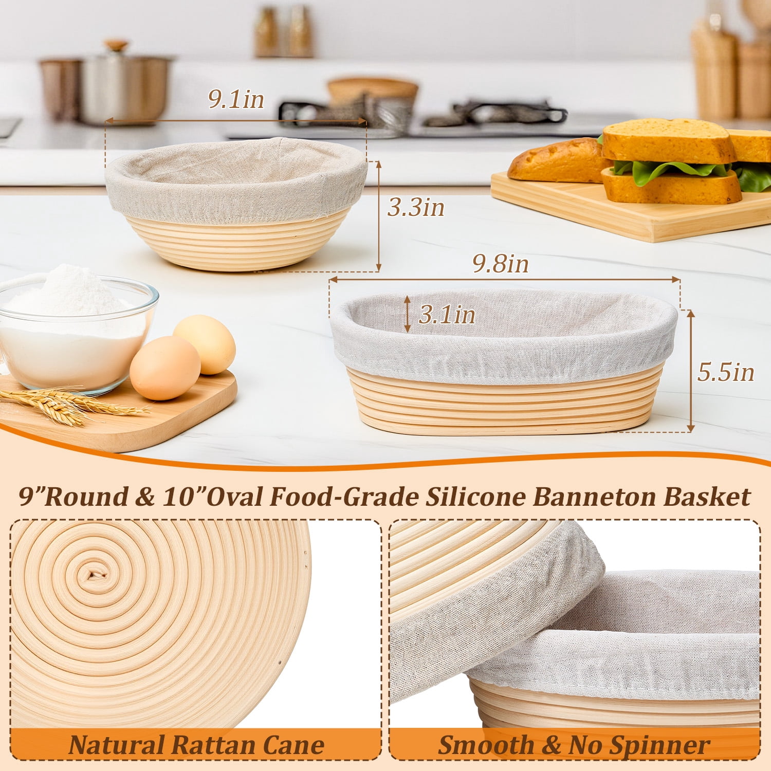 Vesteel 15Pcs Bread Proofing Basket Set, 9” Round and 10” Oval Banneton Bread Baking Baskets with Liner, Dough Baking Supplies Tools Included for Fermenting Baking