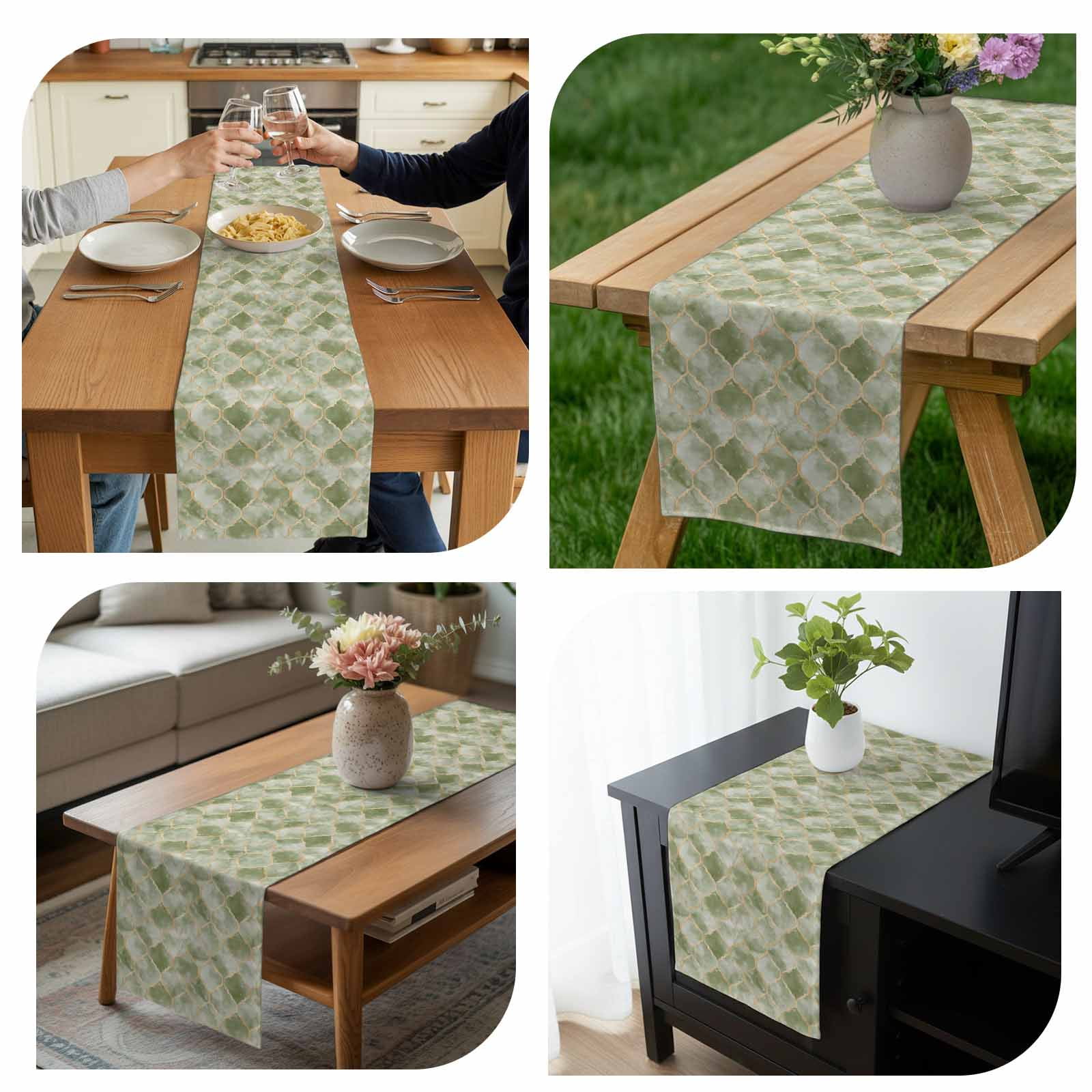 Sage Green Morocco Table Runner 13x108 inch Abstract Marble Solid Color Gold Cotton Linen Dining Table Runner Ideal for Dresser Kitchen Coffee Tables - Machine Washable