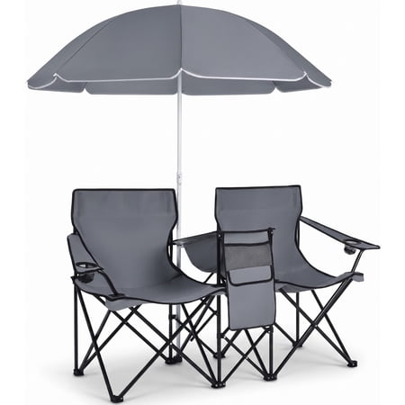Biotree Double Camping Chair with Removable Umbrella Portable Folding Loveseat with Cooler Bag and Cup Holders for Beach Picnic Gray