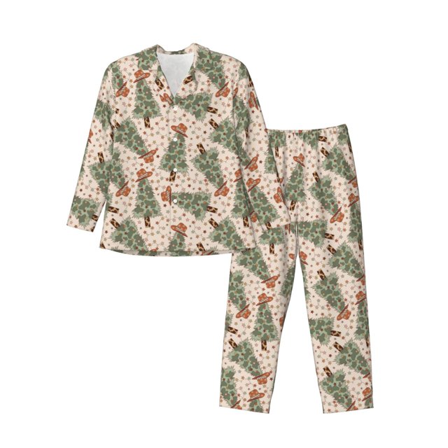 Balery Cowboy Christmas Trees Pijama para Hombre de Dos Piezas con Manga Larga, Conjunto de Dormir y Descanso Suave con Bolsillos-Small