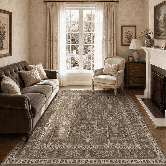 ATHOPE 5x7 Area Rugs for Living Room, Low Pile Vintage Floral Washable Rug, Non Slip Indoor Carpet for Bedroom Dining Room, Brown