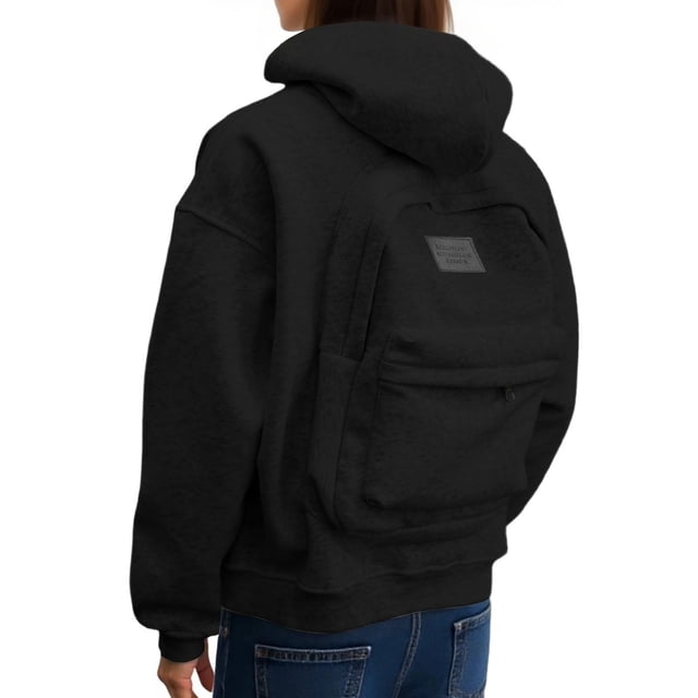 BXUIDJG Hoodies for Women Sweatshirt Fall Oversize Unique Backpack Pullover Solid Color Long Sleeve Zipper Outdoor Sweatshirts Lady's Sweaters Winter Black-XL