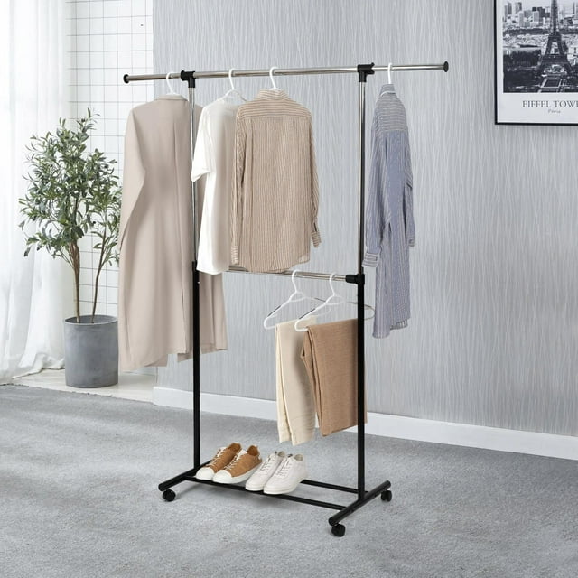 Mainstays 2 Tier Adjustable Garment Rack, Expandable Top Hanging Bar, Sturdy Structure and Easy Assemble, Smooth-rolling Wheels for Easy Mobility