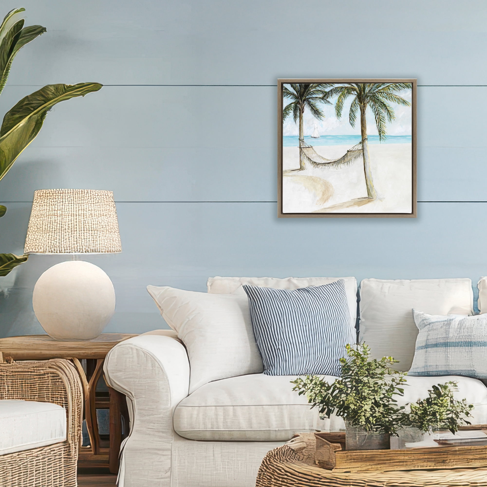 Stupell Industries Beach Hammock Coastal Scene Brown Framed Floater Canvas Wall Art, design by Lorenzo Collective