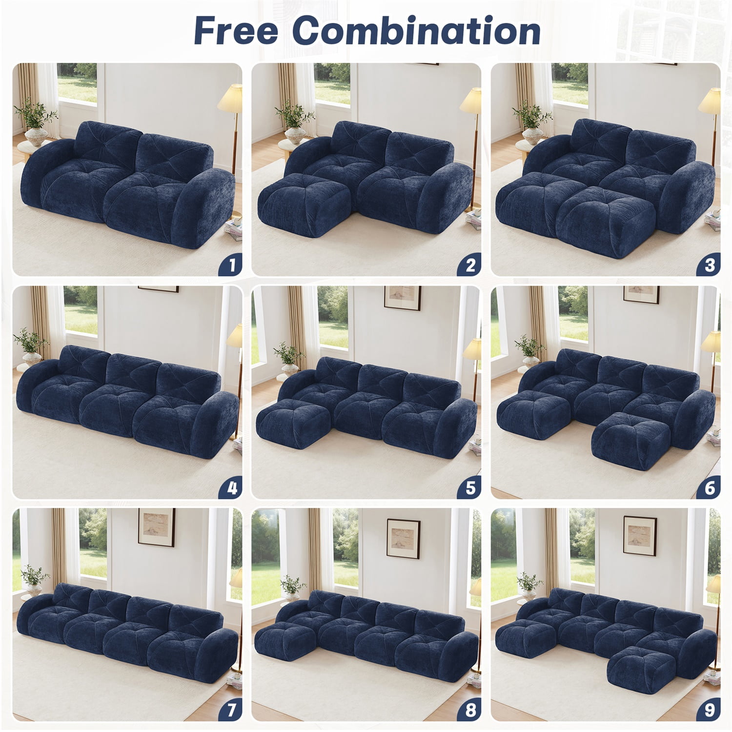 Hommoo 110" Boneless Sofa With Tufted, Luxruious Velvet Fabric Modular Sectional Sofa Couches, for Living Room Apartment, Blue