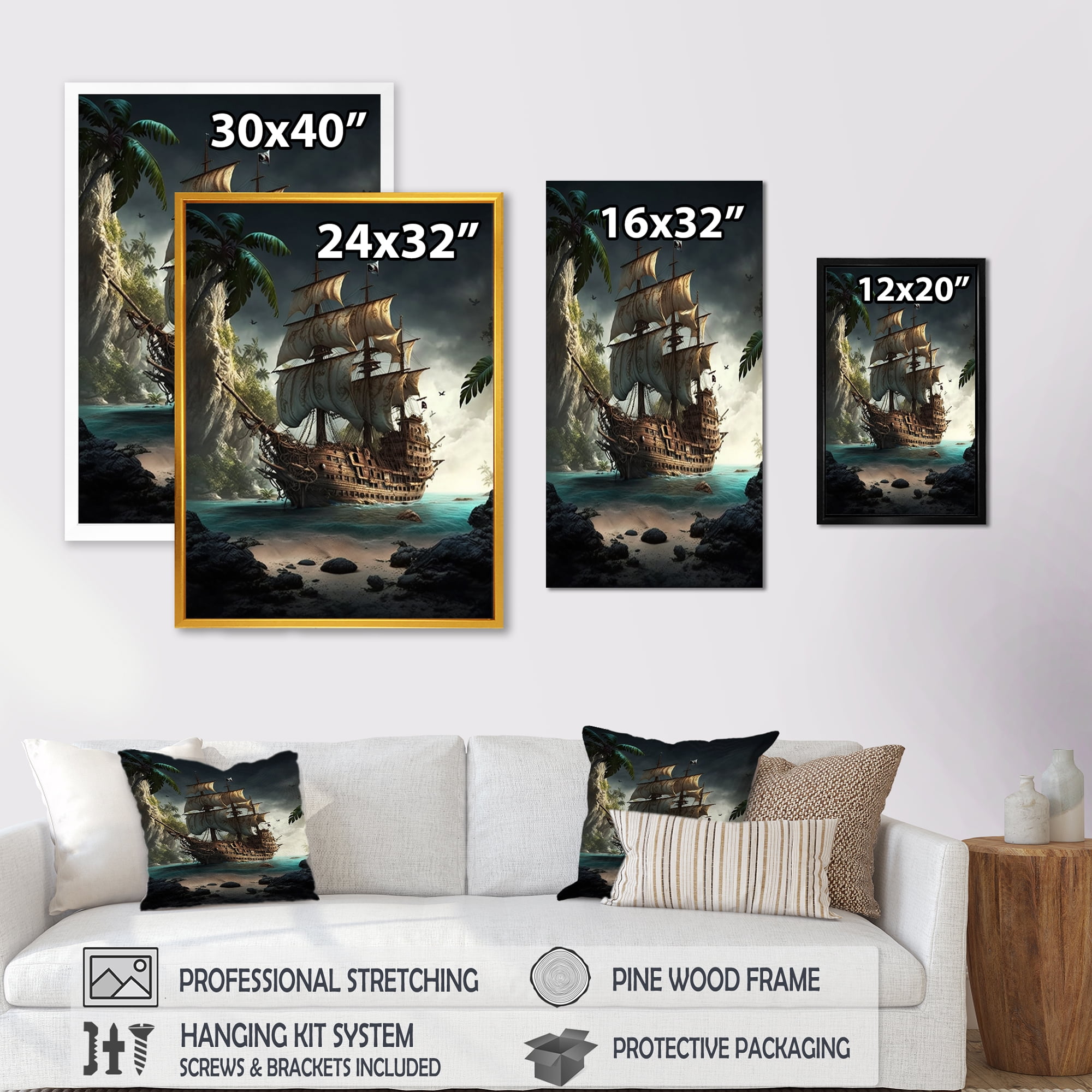 Designart Pirate Boat On The Ocean Canvas Wall Art