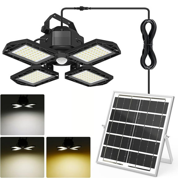 Solar Shed Lights, 168LED 5500LM Solar Pendant Light Indoor Outdoor, Motion Sensor Solar Lights with Remote Control, 4-Leaf Adjustable Lights for Home Yard Garage