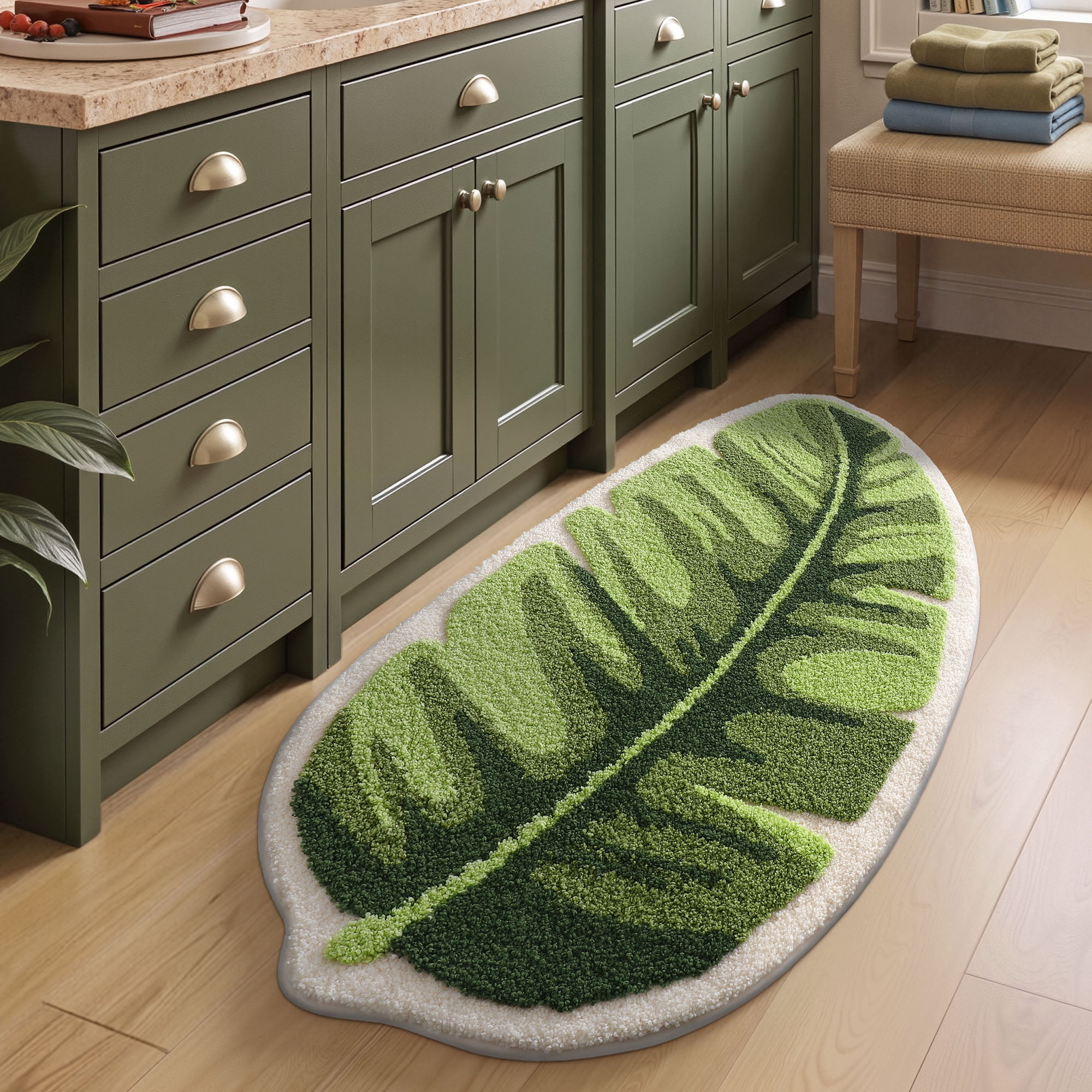 FRABE Cute Palm Leaf Bathroom Rugs, Soft Fluffy Plush, Non Slip Absorbent,Machine Washable, for Shower Floor, Bedroom, Kids Room, 24x48
