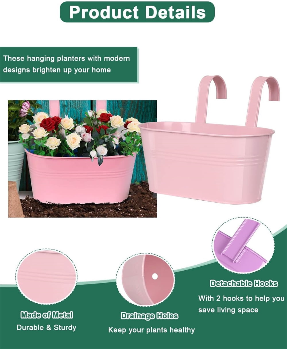 NOGIS 3Pcs Metal Iron Railing Planter, Hanging Flower Pots with Detachable Hooks & Drainage Hosles, Indoor Outdoor Hanging Plant Box for Fence Balcony Garden Home Deck Decor(Multicolor B)