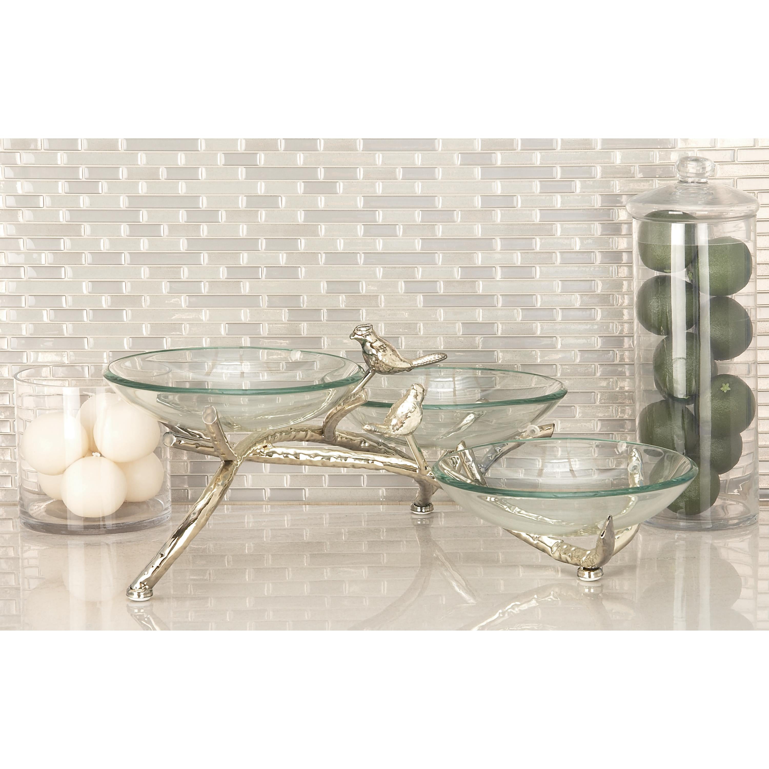 DecMode 22" x 9" Clear Tempered Glass Bird Serving Bowl with Silver Metal Base, 1-Piece