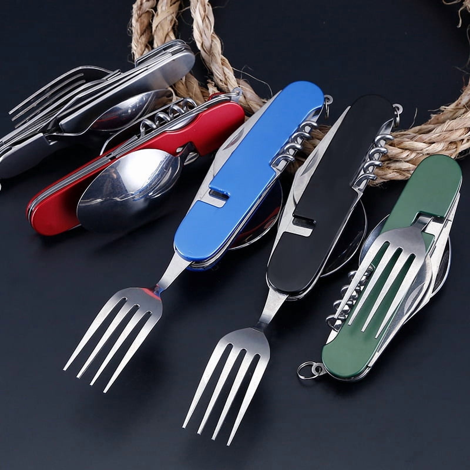 4pcs Camping Cutlery Set Folding Knife Set Stainless Steel Portable 4-in-1 Multi-Functional Outdoor Survival Travel Hiking Cutlery Set Detachable Cutlery