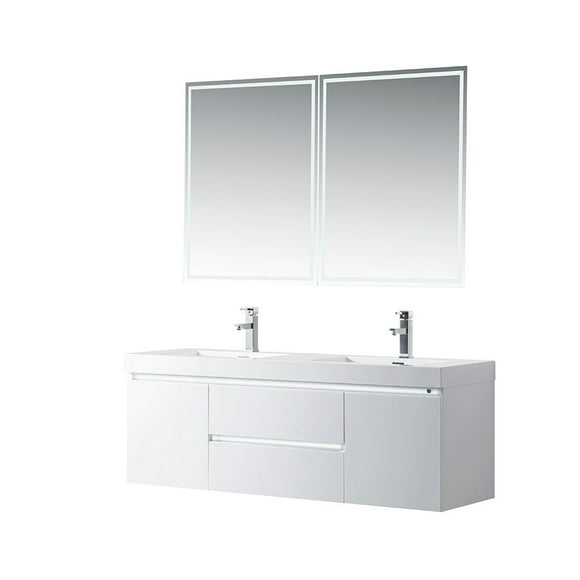 Vanity Art 60 Inches Double Sink Wall Mounted Bathroom Vanity Set 2 Drawers Storage Cabinet with White Engineered Top Undermount Rectangle Sink
