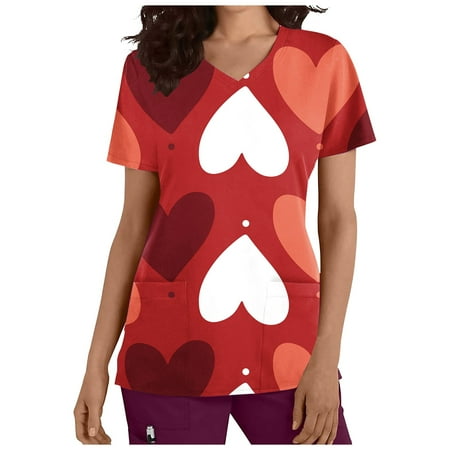 

CYMMPU Women s V-Neck Pocketed Scrub_Tops Nurse Workwear Uniform Clearance Tops Summer Tees Short Sleeve Shirts Trendy Valentine s Day Tunic Love Heart Printing Fashion Tshirts Watermelon Red XXL