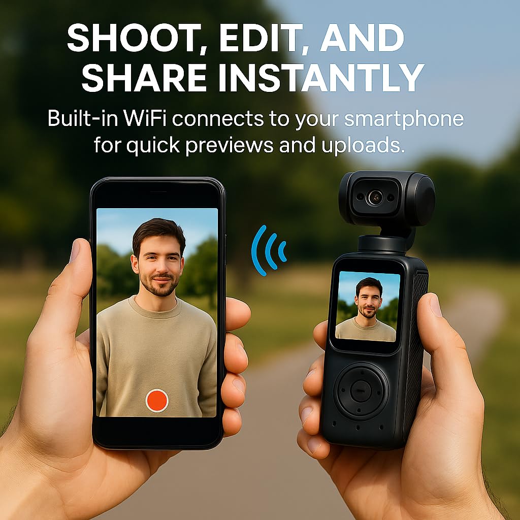 Acuvar 4K Dual Camera Pocket Camera With 3 Axis Gimbal Stabilizer, Vlogging Camera With WiFi, Face Tracking, 270° Rotation And 64GB Card