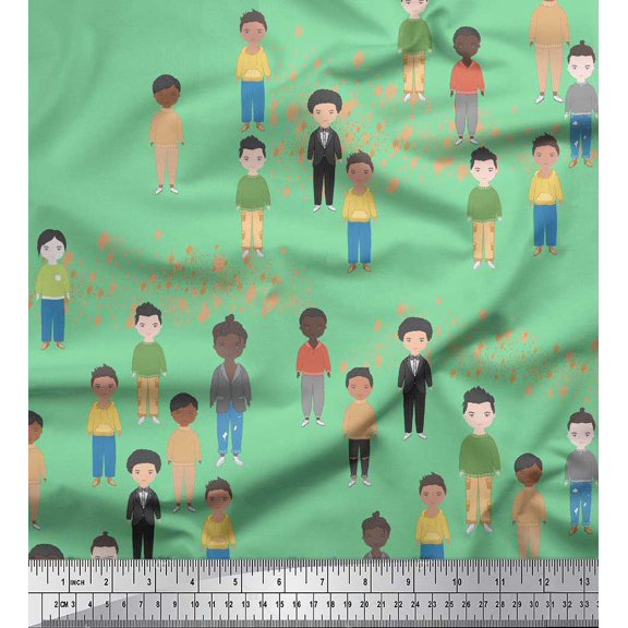 Soimoi Green Poly Georgette Fabric Human Group Print Fabric by Yard 42 Inch Wide