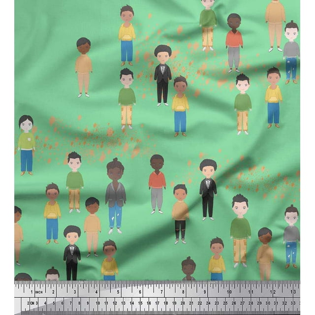 Soimoi Green Modal Satin Fabric Human Group Print Fabric by Yard 42 Inch Wide