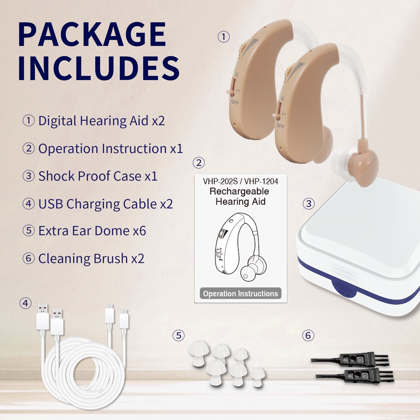 Delmicure Hearing Aids for Seniors, Rechargeable Digital Sound Device: Noise Cancellation Chip, Multi-Level Volume Control, VHP-1204 Binaural - Beige