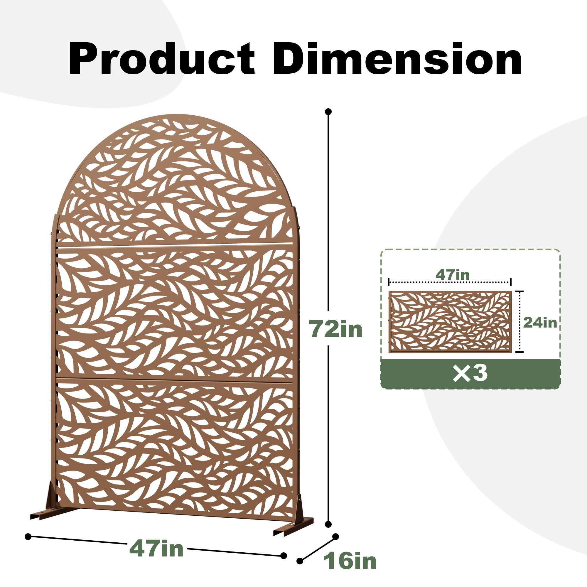 MAYEERTY Brown Arched Galvanized Metal Privacy Screen, Outdoor Garden Patio, 72×47×16in, 3 Panels
